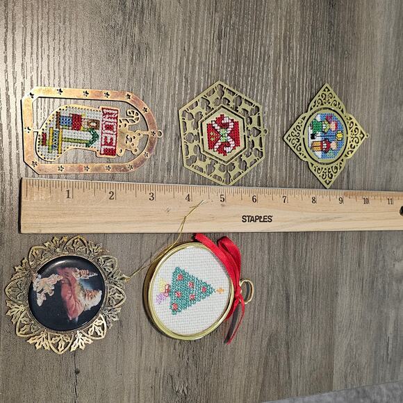 Vintage Cross Stitch Gold Accent Christmas Ornament Set 80s Candy Cane Tree Coke - Picture 9 of 9